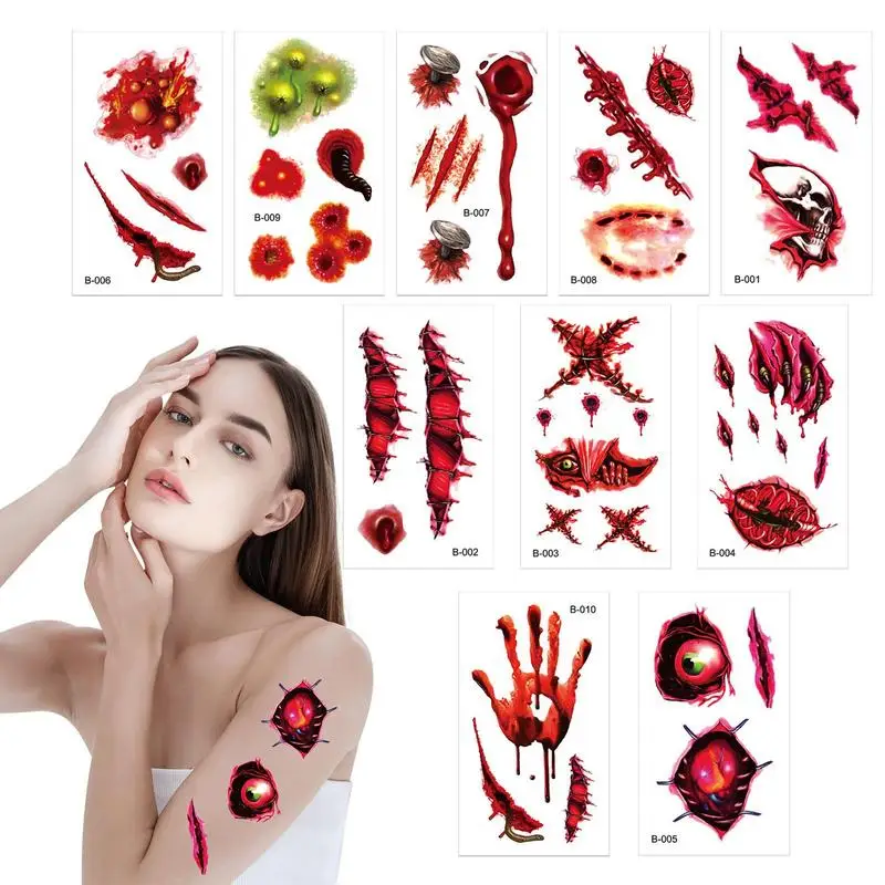 

Halloween Face Scar Scar Temporary Halloween Wound Scar Sticker Waterproof Bloody Realistic Fake Zombie Scars 10 Sheets For