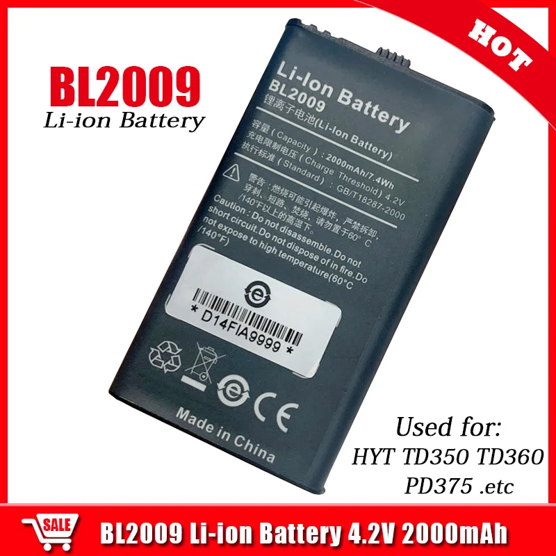 BL2009 Li-Ion Battery Rechargeable 4.2V 2000mAh for Walkie Talkie HYT Hytera TD350 TD360 PD375 Two Way Radio Replacement |