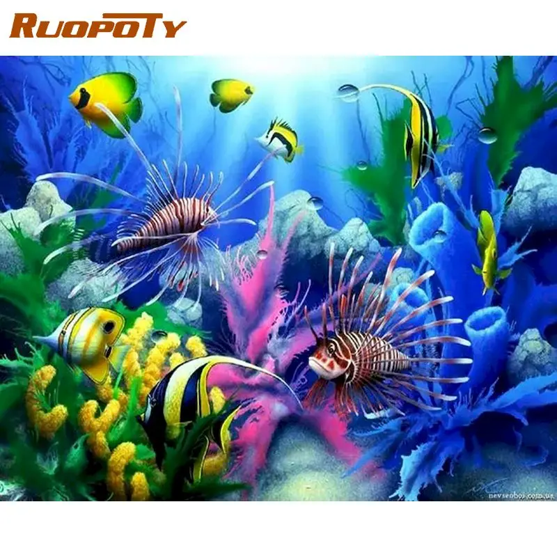 

RUOPOTY DIY Frame Paint By Number Fish Animals Wall Art Picture By Numbers Seabed Scenery Acrylic Canvas Painting For Home Decor