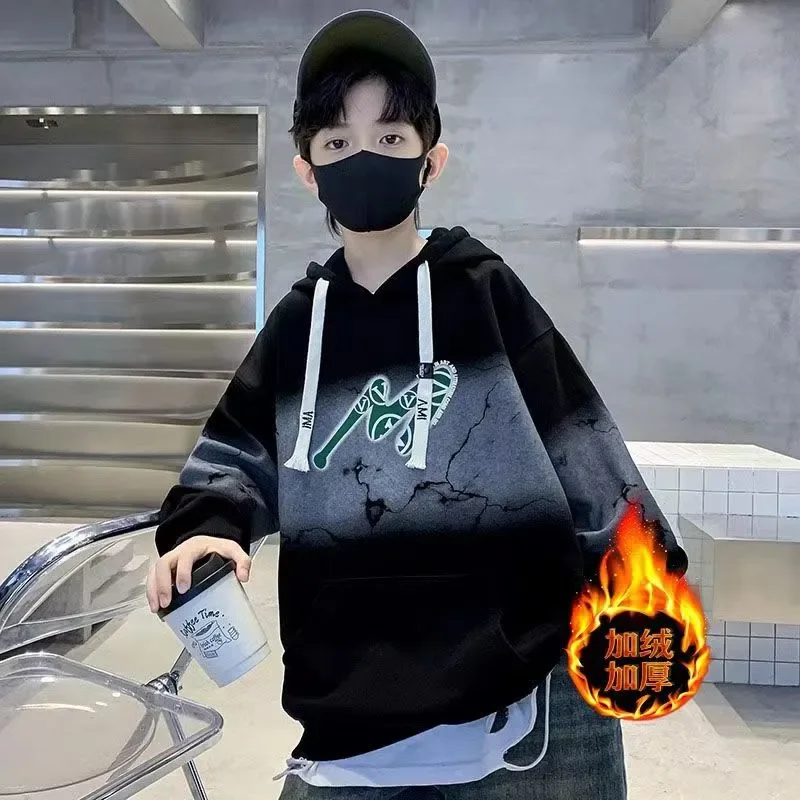 

Утепленный пуловер для мальчиков 5-14, новый зимний теплый свитер для детей среднего и старшего возраста, цельный плюшевый Топ