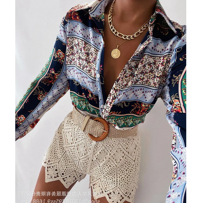 

Shirt Tops for Women Summer Autumn Cardigan Print Straight Blouse Women's Long Sleeve Single Breasted Turn-down Collar Shirt