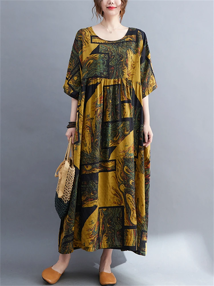 

Short Sleeve Oversize Cotton Linen Vintage Print Dresses For Women 2022 New Casual Loose Long Summer Dress Robe Elegant Clothing