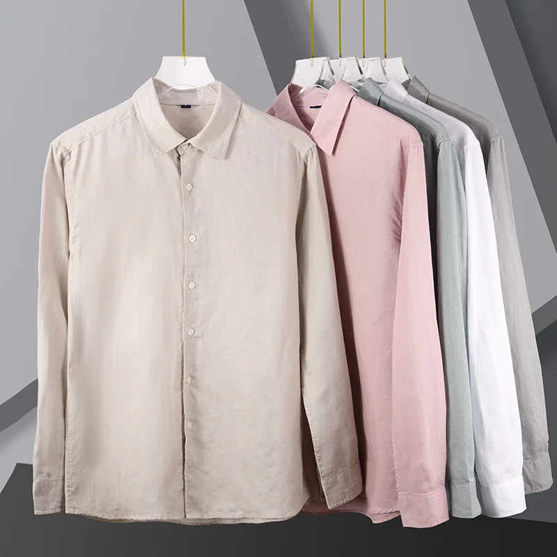 New Linen Shirts for Man Clothing Pure Color 52.1% Linen + 47.9% Cotton Shirt Men Long Sleeve Slim Fit Square Collar Comfortable
