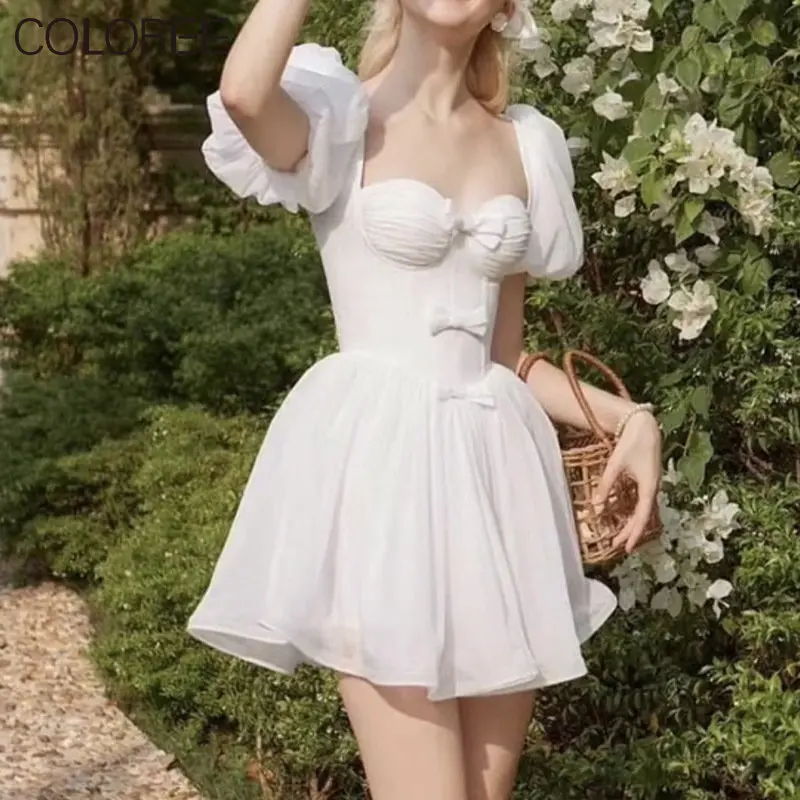 

Элегантное Белое Женское платье с бантом и пышными рукавами 2023 Стильные корейские модные трапециевидные мини летние платья для женщин