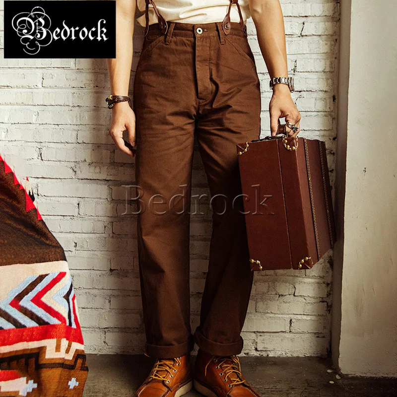 RT brown vintage Office CHINO casual pants Paris buckle high waist straight wide leg heavy pure cotton cargo pants for men