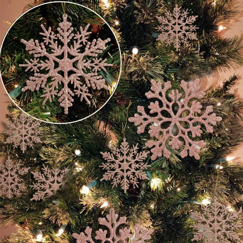 

36 pcs Christmas Champagne Gold Snowflake decorations Plastic Glitter Snowflake decorations Winter Christmas tree decorations