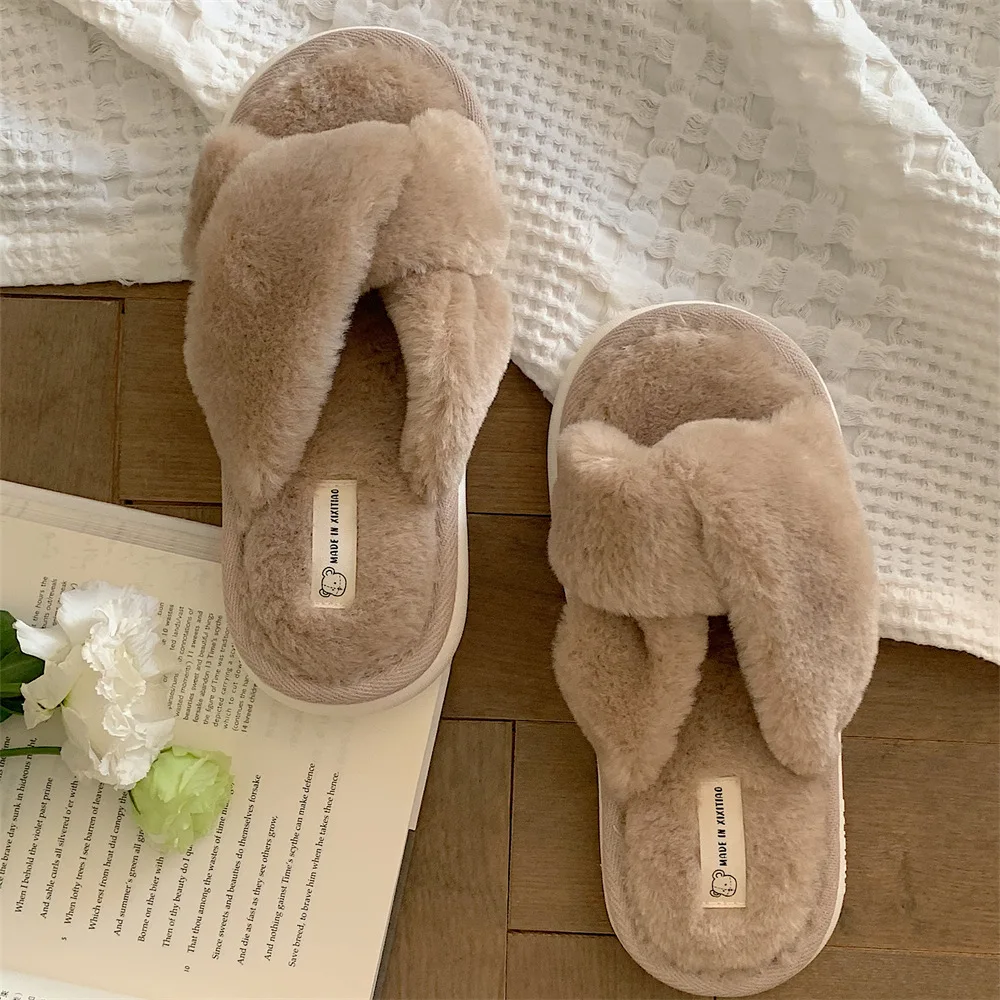 Fashion Cross Fluffy Fur Slippers 2022 New Women Winter Home Warm Plush Slippers Home Indoor Floor Flip Flops House Fur Slippers