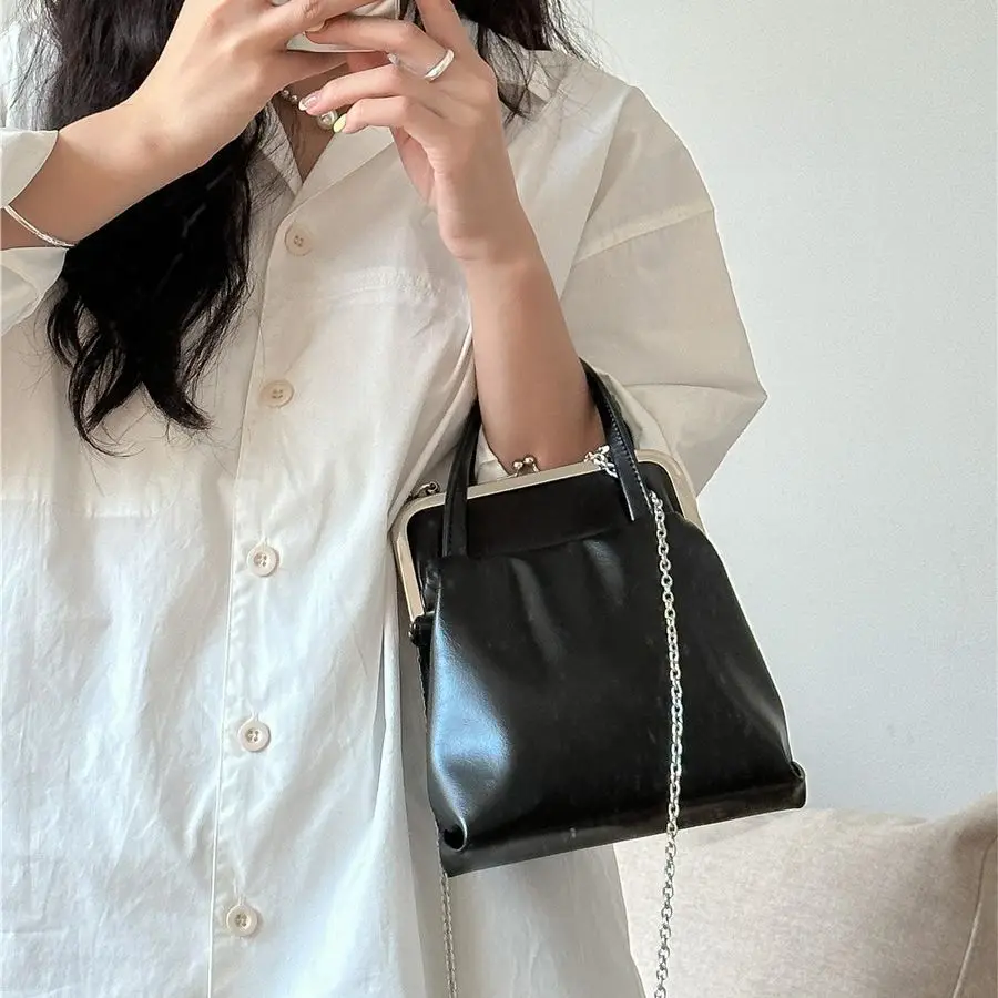 For Women Frame Handbags Soft Pu Leather Shoulder Crossbody Bag Female Phone Black Flap Chains Kisslock Purses