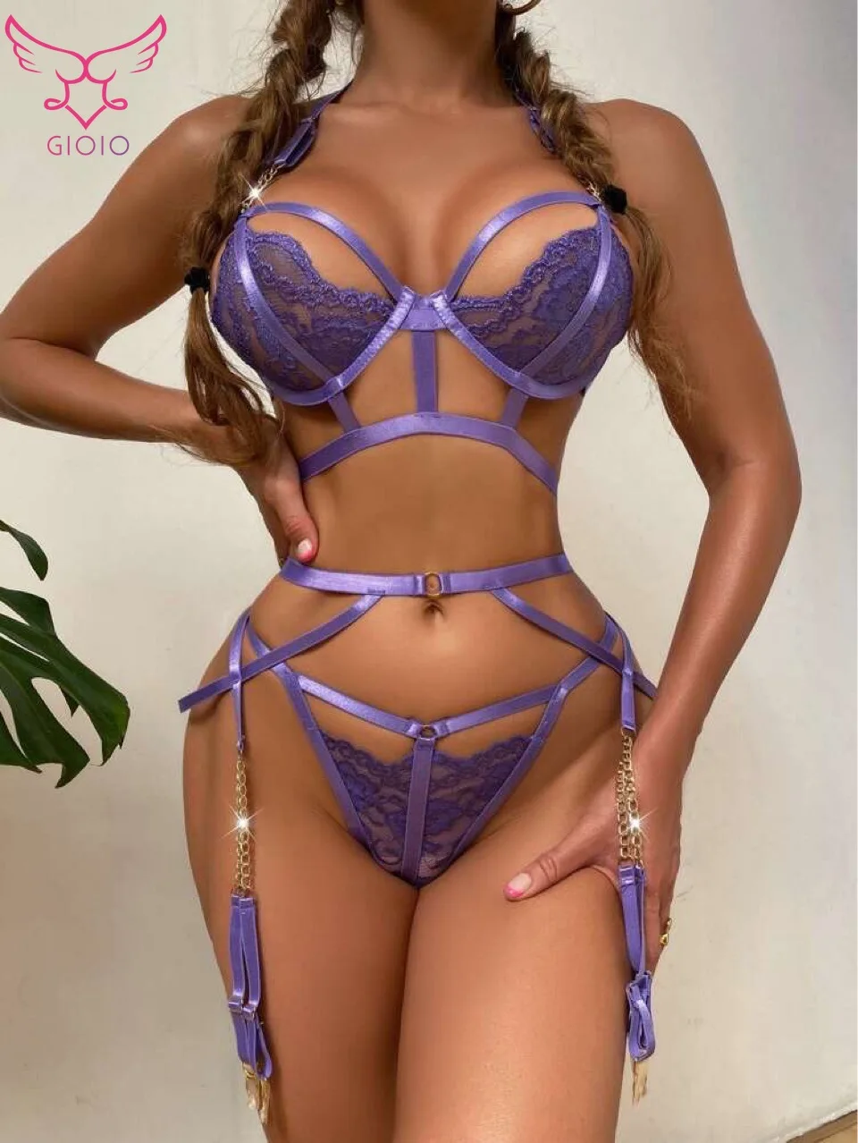 

GIOIO Sensual Lingerie Suit Exotic Costumes Sexy Bottom Whore Hollow Out Halter Bra 3-Piece Sissy Pornographic Erotic Garments