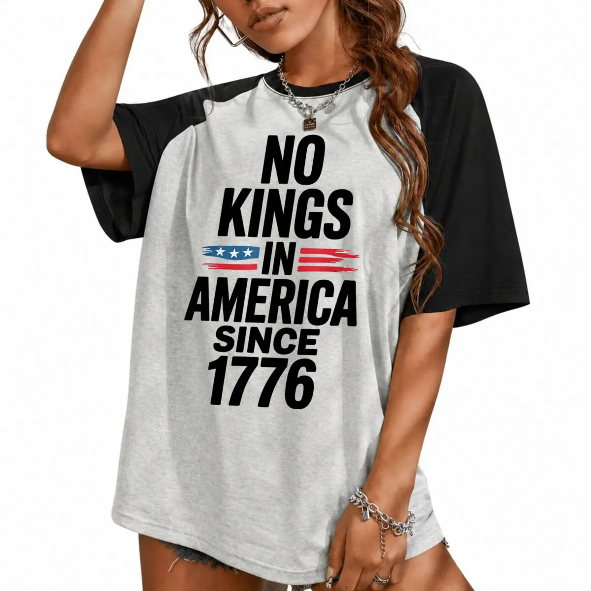 Фото Винтажная футболка с принтом «We The People Serve No Kings» (США), женская хлопковая футболка с коротким рукавом реглан, к 250-летию 4 июля №3