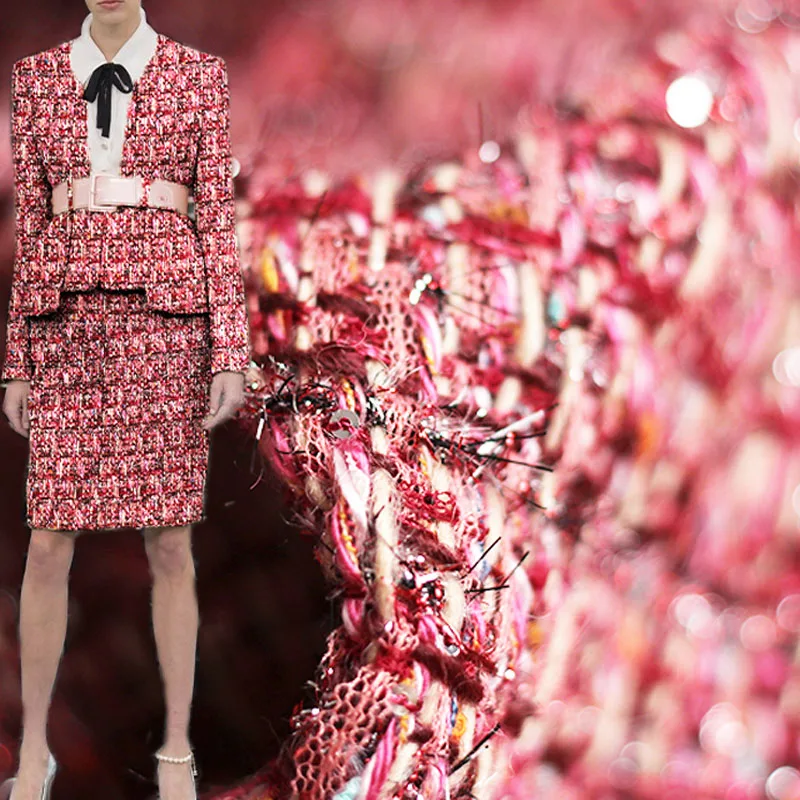 

50x145cm Red Color Sequins Yarn-Dyed Braided Tweed Fabric For Women Autumn Jacket Dress Suits Coat Handbag DIY Cloth Sewing