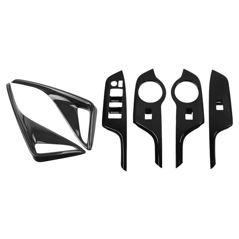 

6 Pcs Car Accessories: 2 Pcs Carbon Fiber Rear Fog Lamp Cover Trim & 4 Pcs ABS Window Lift Switch Button Panel Cover