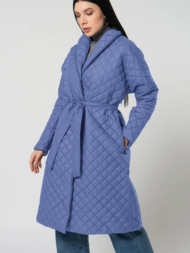 Winter Fashion Oversized Army Green Argyle Long Parkas with Belt 2022 Winter Women's Casual Loose Black Coat Ladies Blue Outwear