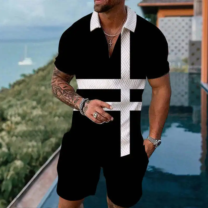 Retro Luxury Short Sleeve Polo Shirt 2 Piece Outfit Summer Men's Cools Hawaiian Beach Vacation  Man Street Fashion Tracksuit Set