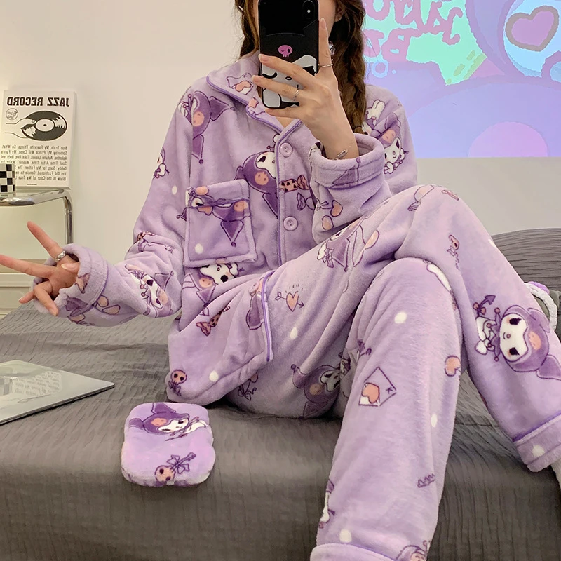 

Girls Cute Warm Fleece Cardigan Pijama Set Cartoon New Winter Pajamas Set Women Long Pants Sleepwear Homewear Ladies Pyjama Suit