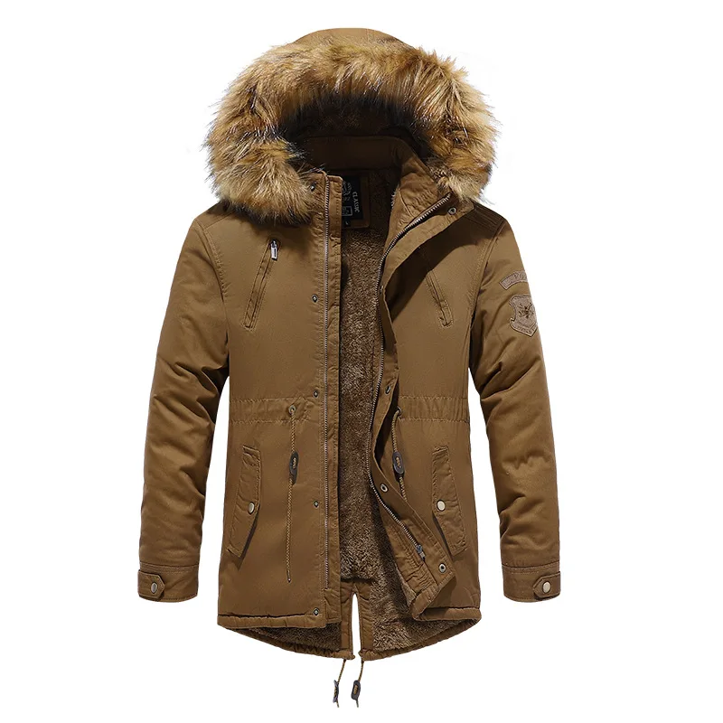Mid-length Cotton Thickened Hooded Parka Winter Jacket Men's Outdoor Plus Velvet Detachable Hooded Warm Cotton Clothing