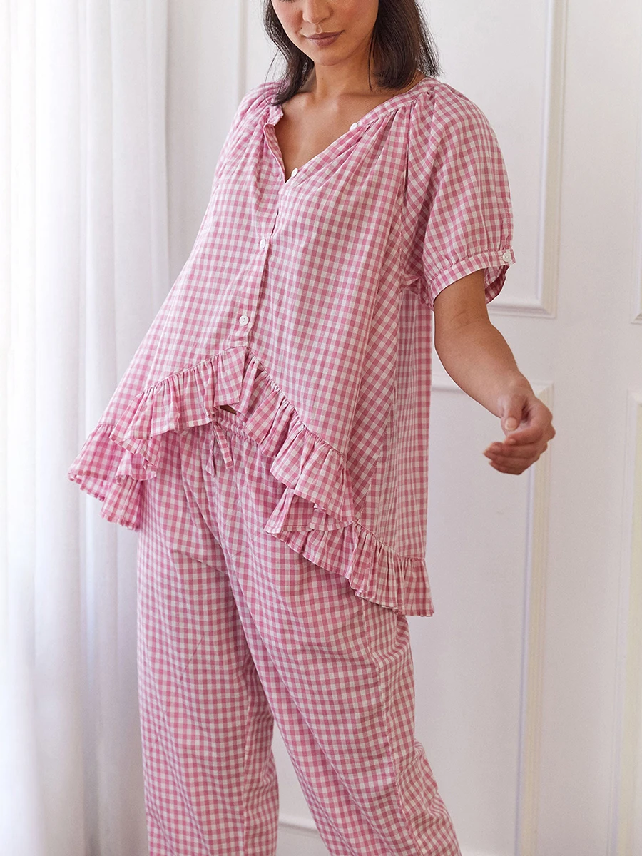 Женский Повседневный комплект из двух предметов клетчатая рубашка с коротким