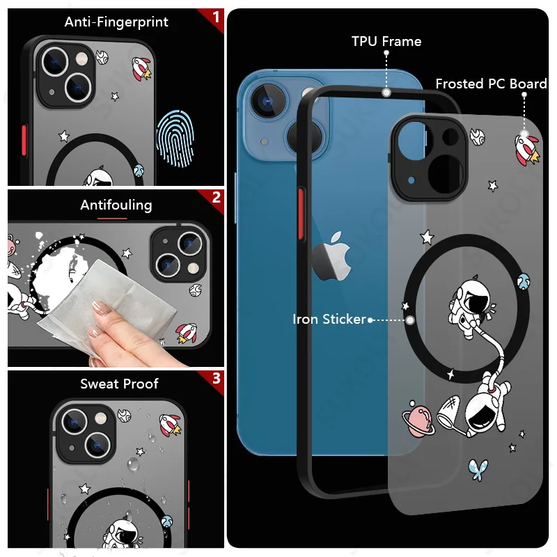 Фото Чехол для беспроводной зарядки MagSafe для iPhone 17, 17e, 16e, 14, 15, 16 Pro Max, 13 Pro Max, акриловый жесткий чехол с мультяшным астронавтом №4