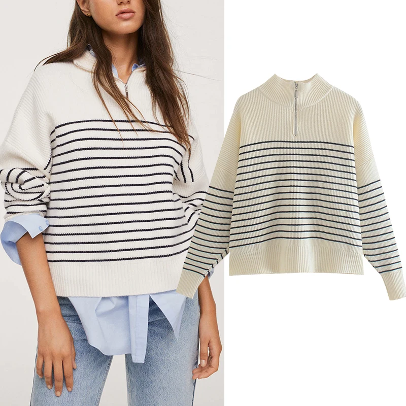 

Striped Sweater Pullover 2021 new fashion loose half high neck zipper casual Women Sweater fashion elegant youth sweater