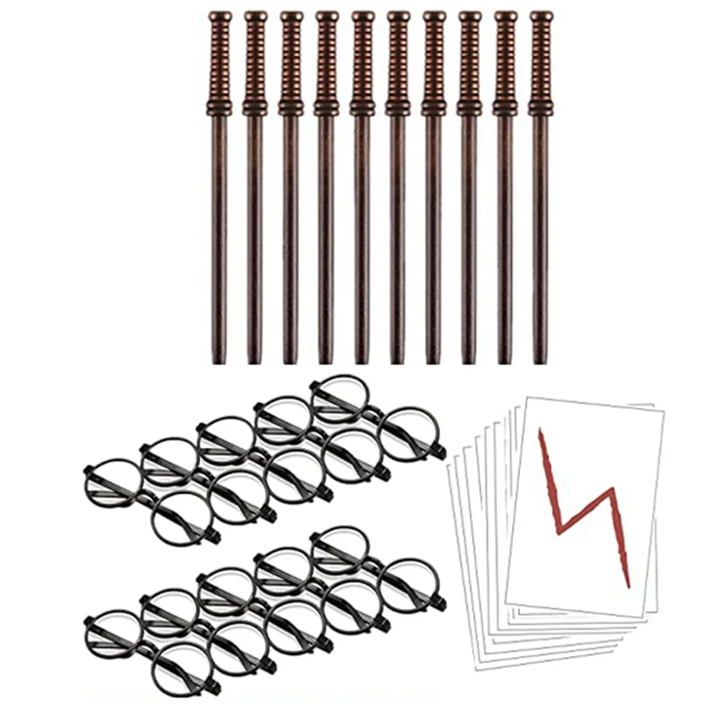 

30 Pcs Wand Pencils Bolt Tattoos Stickers Costume Glasses With Round Frame Party Supplies Set Wizard Wand