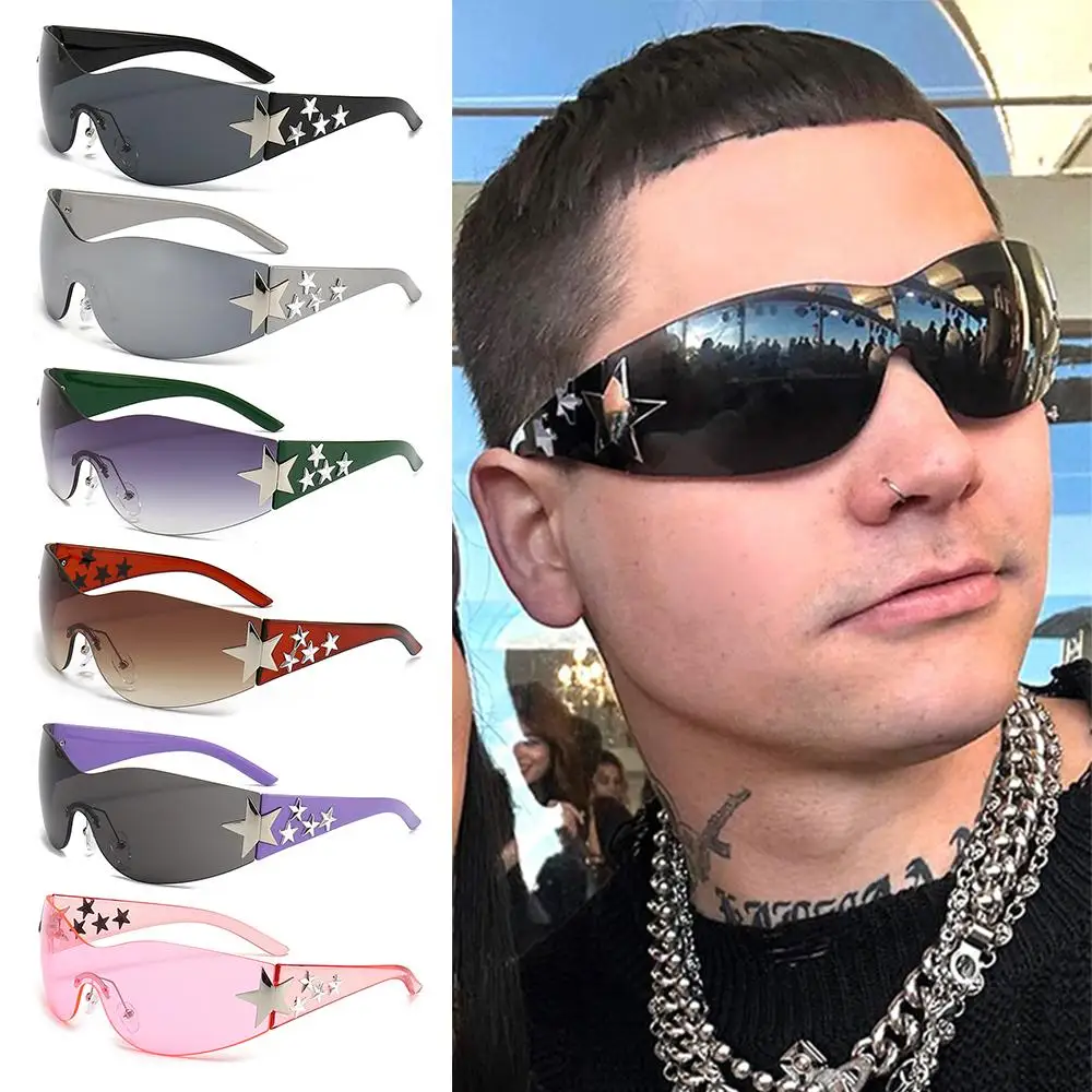

Cool Black Sunglasses for Beach, Outdoor UV400 Protection Rimless Y2K Sunglasses Wrap Around Stars Decor Sun Glasses