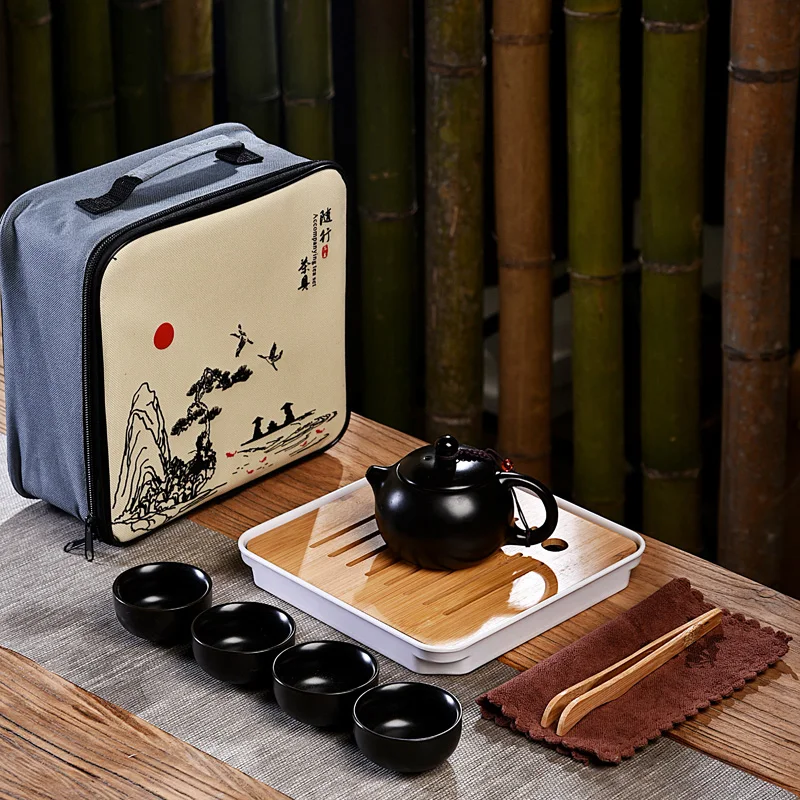 

Портативный керамический чайный набор для путешествий на открытом воздухе, чайник кунг-фу с бамбуковым чайным подносом, тоут, дорожный Набо...