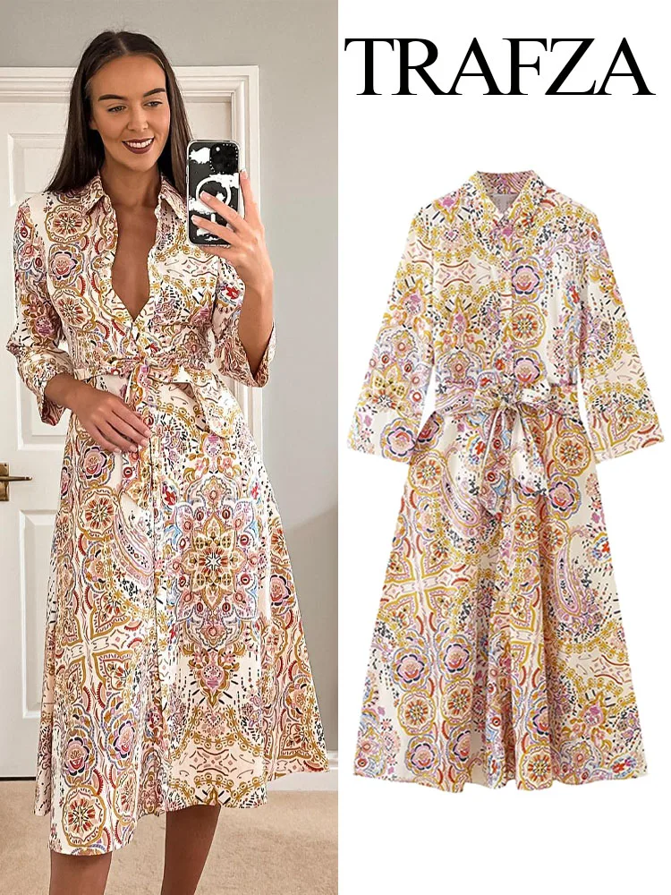 

TRAFZA Fashion Women High Waist Long Sleeves Dresses Female Bohemia Belt Printed Midi Casual Loose Turn Down Collar Shirt Dress
