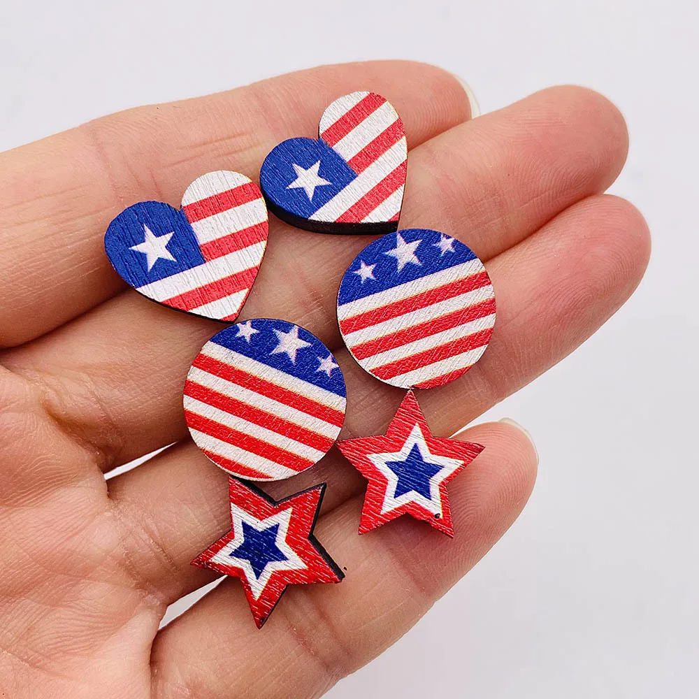 

New Independence Day Ear Studs American Flag Round Heart-shaped Five-Pointed Star Sunflower Wooden Stud Earrings Gift Wholesale