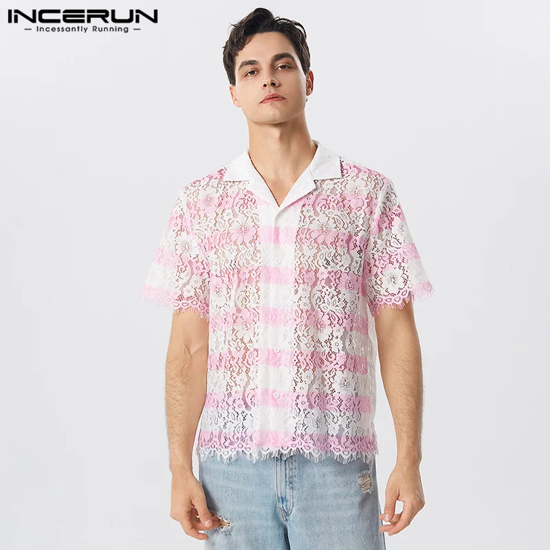 

American Style Men's Fashion Lace Printed Striped Shirt Casual Streetwear Hot Sale Short Sleeved Blouse S-5XL INCERUN Tops 2023