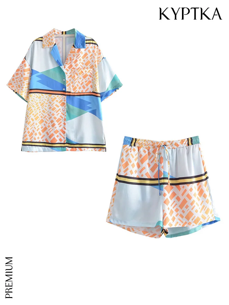 

KYPTKA Women Fashion Patchwork Print Loose Shirts And High Elastic Waist Bermuda Shorts Female Two Pieces Sets Mujer