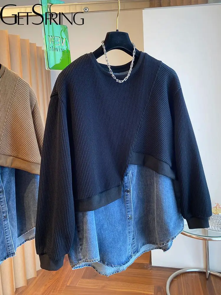 

GetSpring Women Hoodies Knitted Denim Irregular Sweatshirt Pullovers Full Sleeve Loose Leisure Long Womens Top Autumn 2022 New
