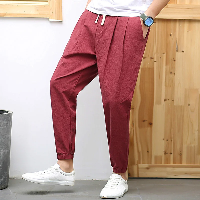 

Men Casual Red Cropped Track Sweat Pants Summer Loose Harem Pants Sportswear Boys Lace-up Cotton Jogger Pants Plus Size 7xl 8xl