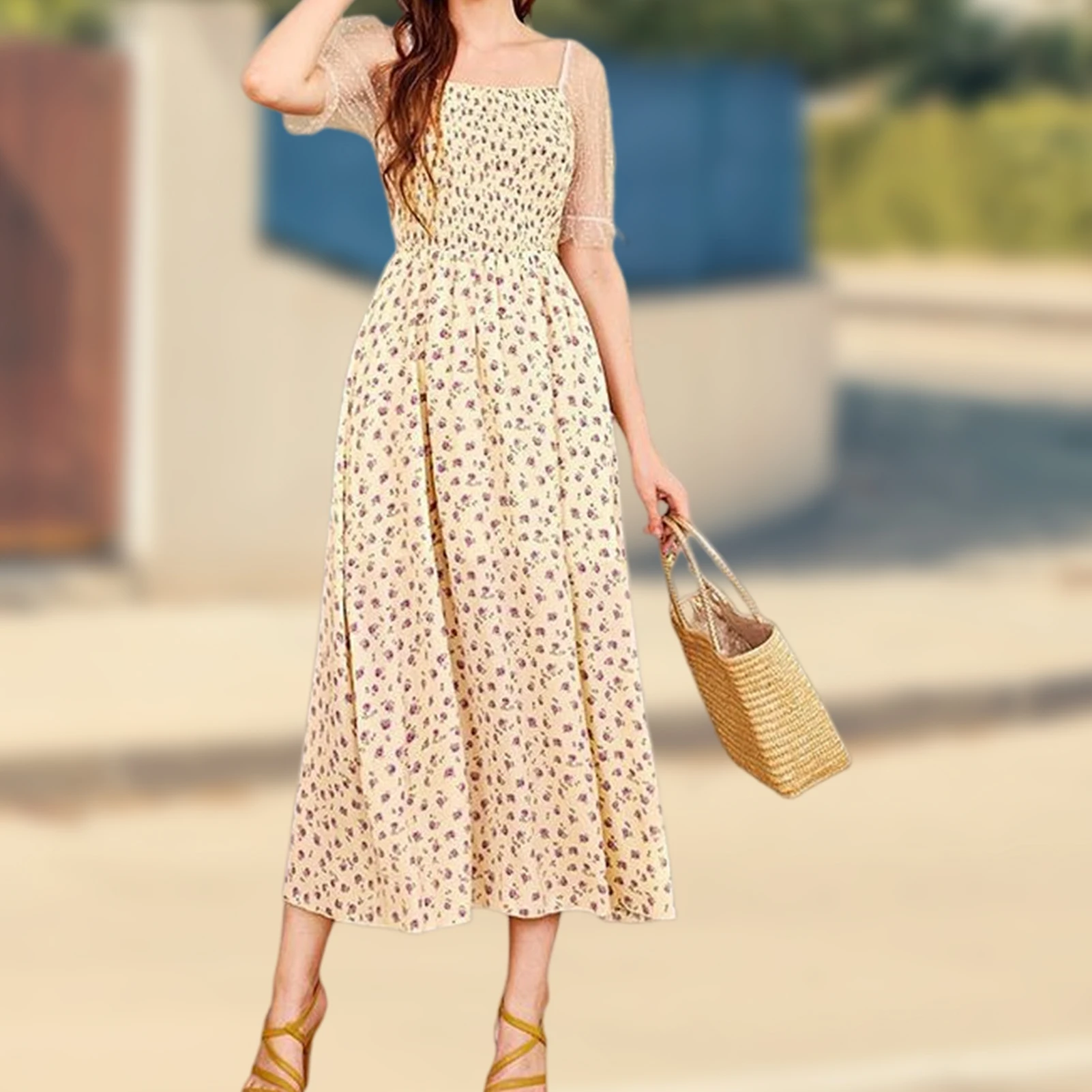 

Chiffon Sling Maxi Dress Backless Floral Print Dress Elegent Sexy Style Summer Tunic Dress Gentle French Style Holidays Vacation