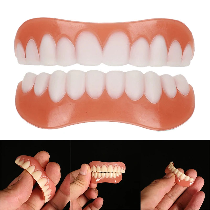 1pc Silicone Upper Lower Veneers False Teeth Laugh Veneers Dentures Paste Fake Teeth Braces Comfortable Teeth Orthodontic Prop