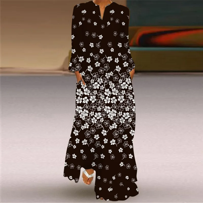 

2023 Europe and the United States Amazon spring and summer cross-border new women's long skirt V-neck long sleeve pocket print l