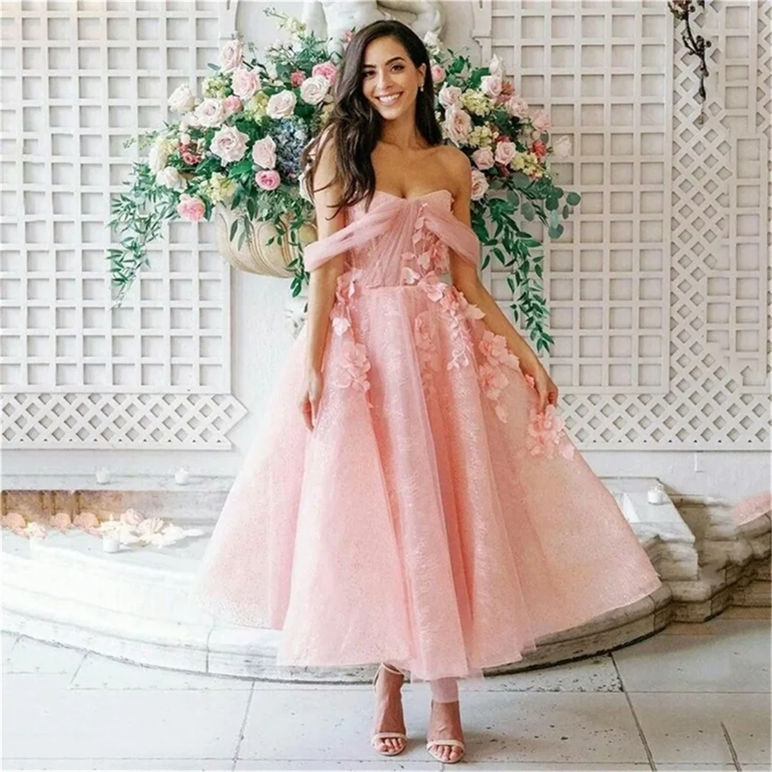 

Sweety Blush Pink Prom Dresses Lace 3D Floral Short Formal Evening Gowns Off The Shoulder Ankle Length Party Guest Dress Plus