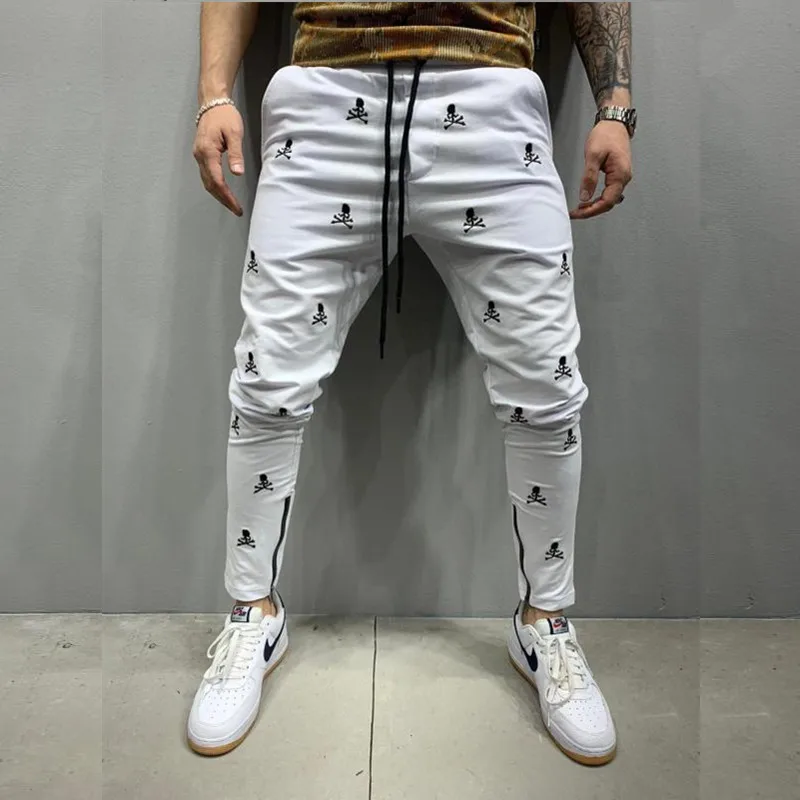 

Men's New Jogging White Tactical Pants Harajuku Skull Embroidery Skinny Casual Trousers Man Hip Hop Feet Zip Up Track Pants 바지