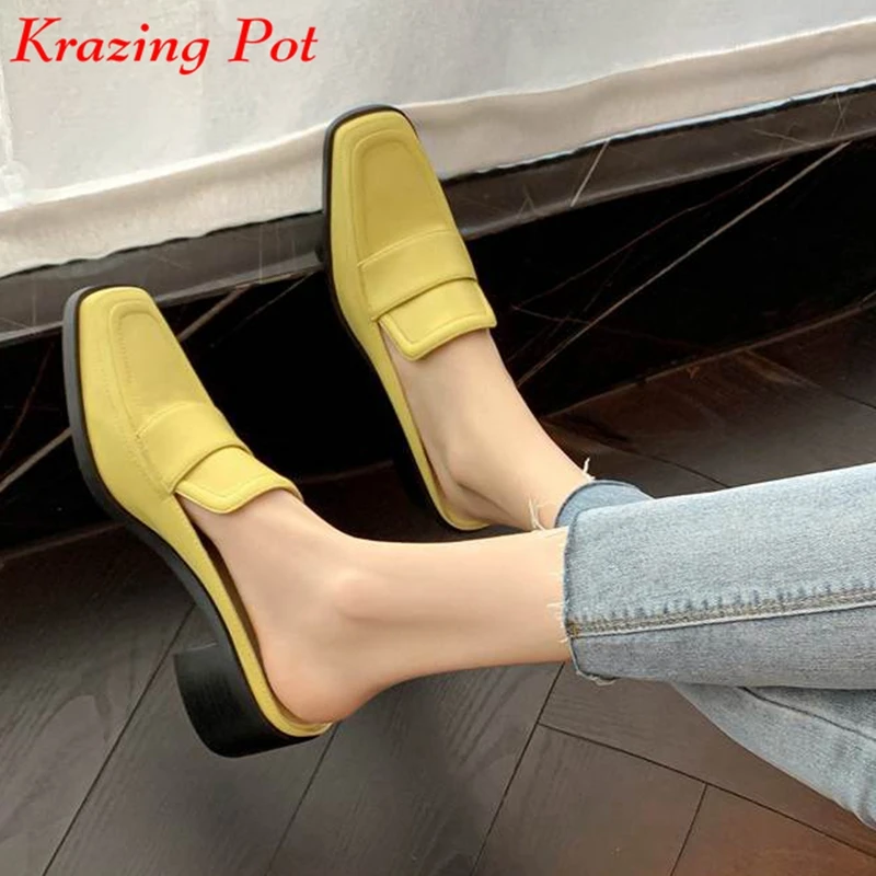 

Krazing Pot Full Grain Leather Mules Summer Square Toe Modern Wear Cozy Leisure European Designer Slip On Beauty Women Pumps
