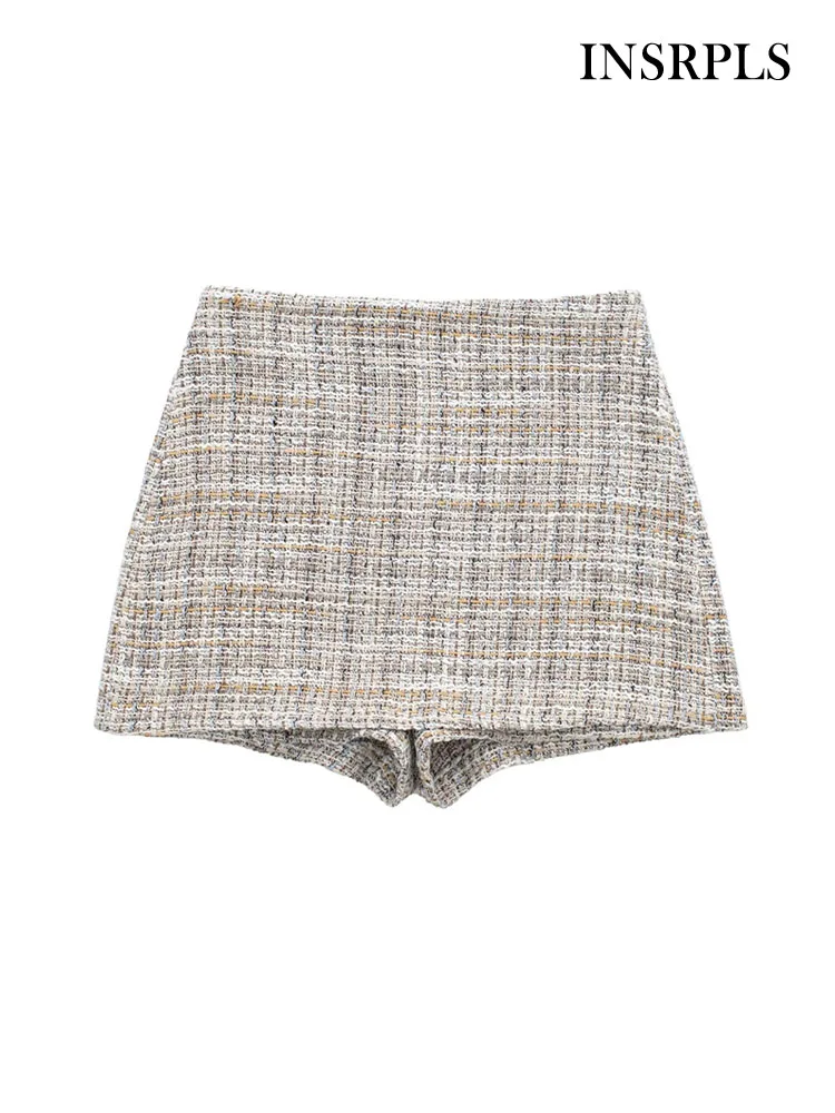 

Женские Модные твидовые шорты INSRPLS, винтажные юбки с высокой талией и боковой молнией, женские шорты