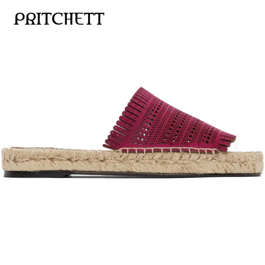 Black Suede Openwork Flat Sandals Open Toe Round Toe Woven Midsole Pink Slippers Fashion Hollow Fringe Edge Casual Slippers
