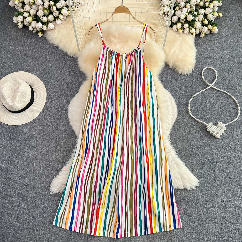 

Clothland Women Elegant Rainbow Cami Dress Scoop Collar Sleeveless Backless Straight Color Female Midi Dresses Vestido QB861