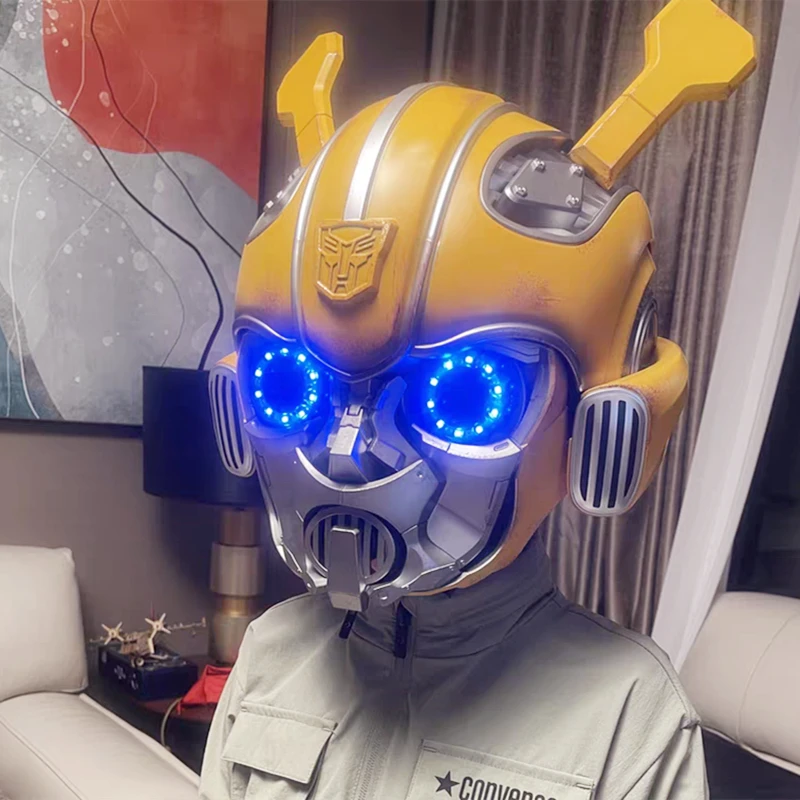 

NEW Transformers Bumblebee Helmet English Voice Control Mask Bluetooth Base Light Up Eyes Action Collection Figure Children Gift