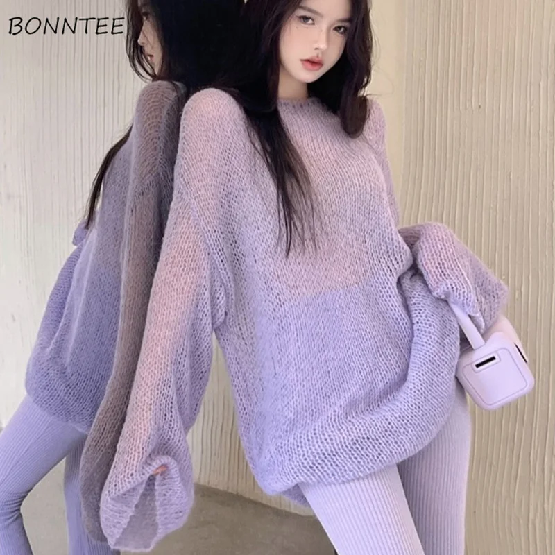 

Pullovers Women Elegant Hollow Out Sweet Purple Loose Lovely Leisure Breathable O-neck Ins Cozy New Fashion Spring Korean Style