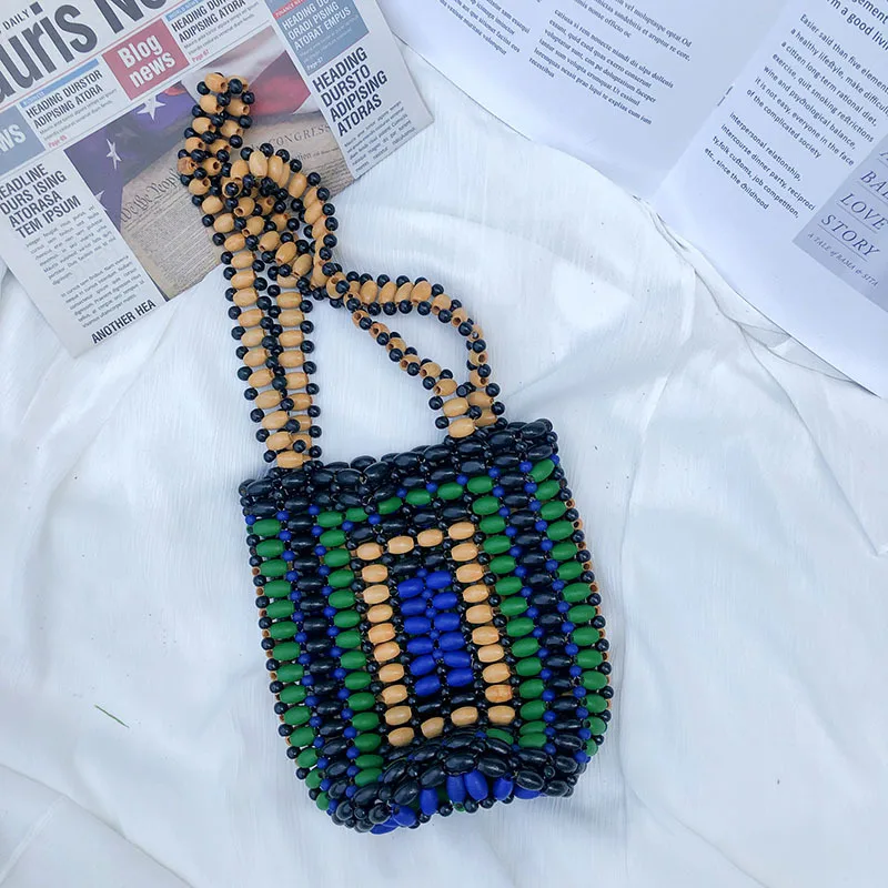 

Hand Woven Wooden Bead Bucket Bag for Women Summer New Color Contrast Hollow Out Shoulder Bag Bohemian Travel Small Tote Bag