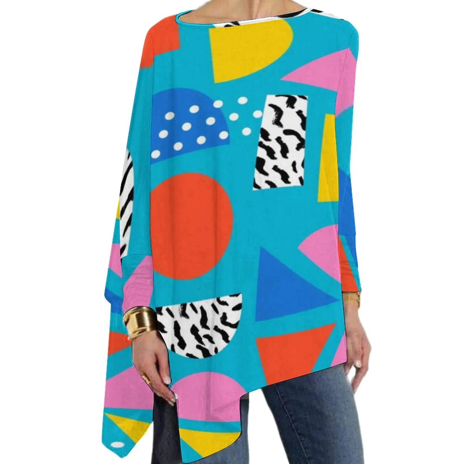 

Memphis Retro T-Shirts Geometric Colorful Pattern Loose Long Sleeve T Shirt Elegant Print Tees Ladies Clothing Big Size