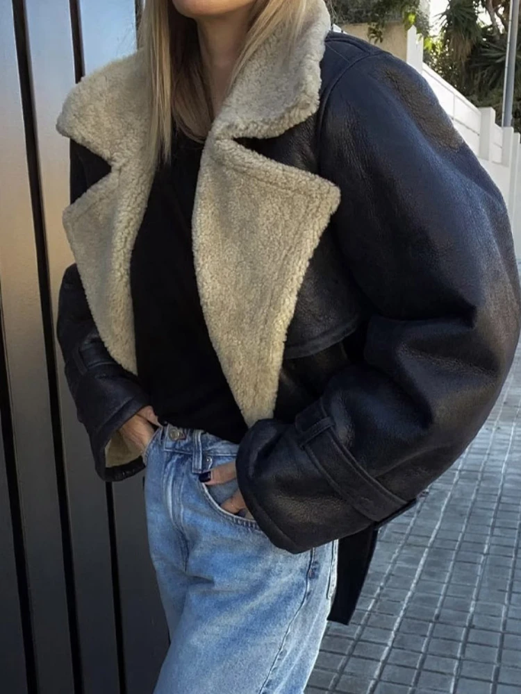 

Женская зимняя куртка из искусственной кожи, укороченная куртка из искусственной кожи с воротником с лацканами, утолщенная теплая Модная короткая куртка, женская одежда