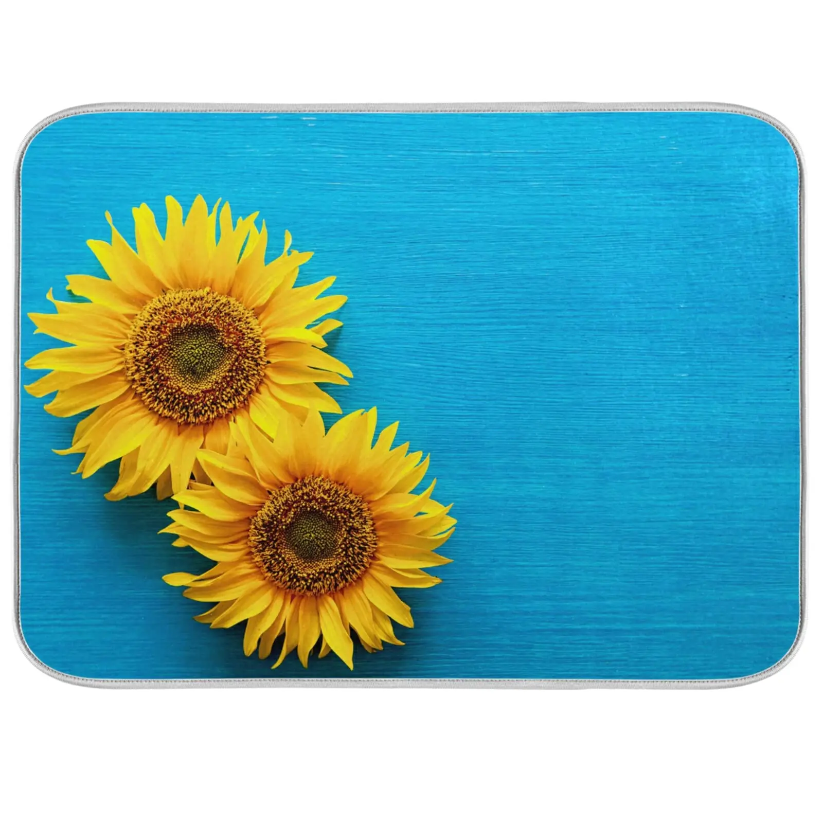 

Absorbent Dish Drying Mat for Kitchen Counter - Blue Sunflower Country Style Microfiber Drying Pad, Reversible Drainer