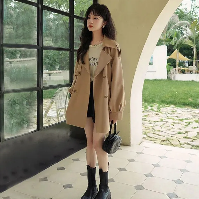 

Trench Coat Women's Solid Color Mid-length Jacket Lapel Double Breasted Lace-up Windbreaker Spring Autumn Female Clothing M303