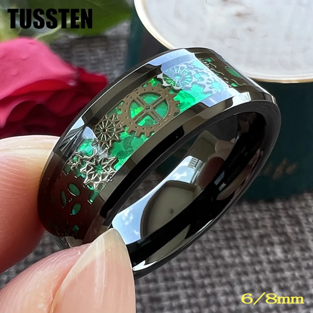 

Dropshipping TUSSTEN 6/8MM Tungsten Finger Ring Men Women Wedding Band With Steampunk Gear Inlay Comfort Fit