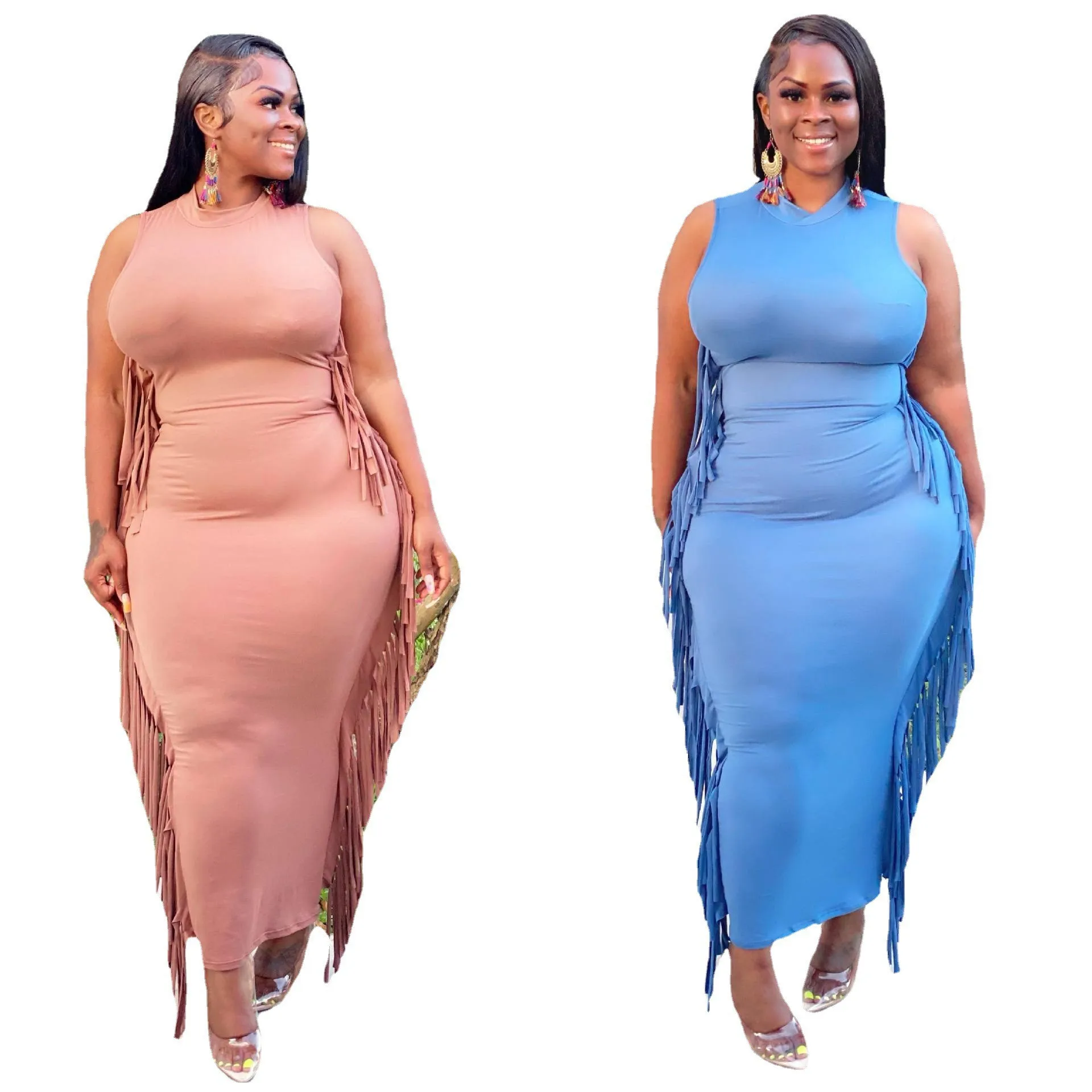 

Новинка, модное однотонное вечернее платье с бахромой, модель 5XL, летние эластичные облегающие платья без рукавов с круглым вырезом, повседн...